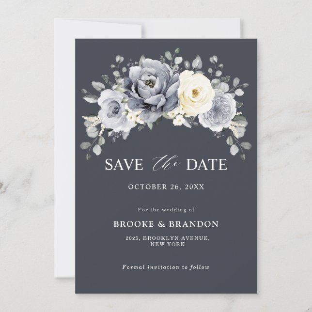 Save The Date Mariage rustique d'hiver gris argenté floral ivoir (Devant)