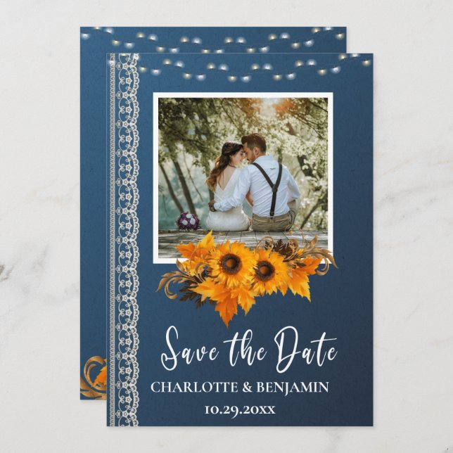 Save The Date Mariage rustique Dusty Blue Sunflower & dentelle (Devant / Derrière)