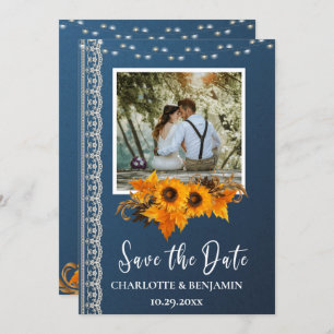 Save The Date Mariage rustique Dusty Blue Sunflower & dentelle