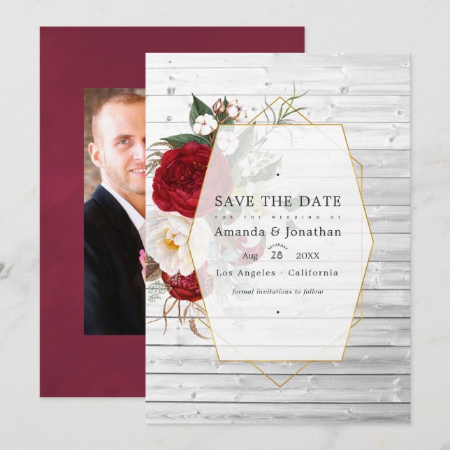 Save The Date Mariage rustique en bordeaux et floral blanc géomé (Devant / Derrière)