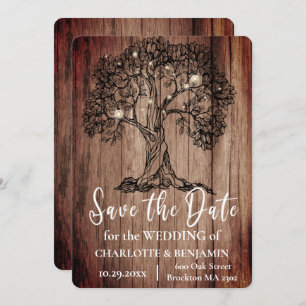 Save The Date Mariage rustique en chêne de bois et lumières à co