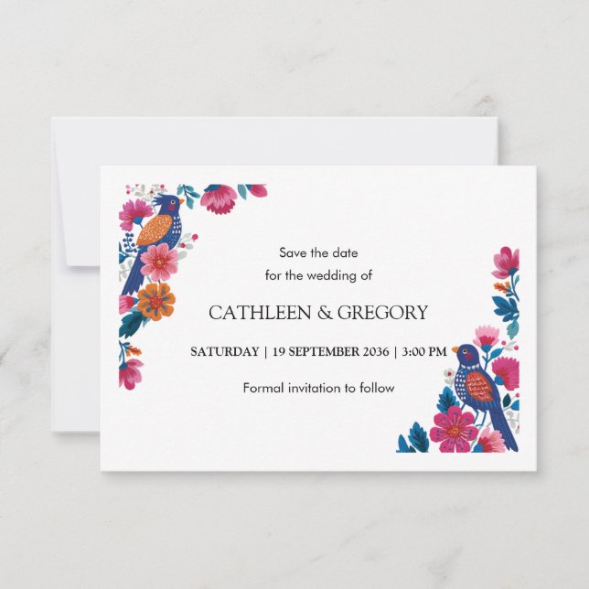 Save The Date Mariage rustique ethnique oiseaux et fleurs (Devant)