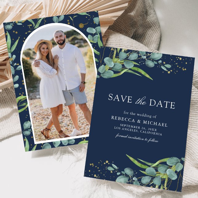 Save The Date Mariage Rustique Eucalyptus Photo Bleu Marine (Créateur téléchargé)