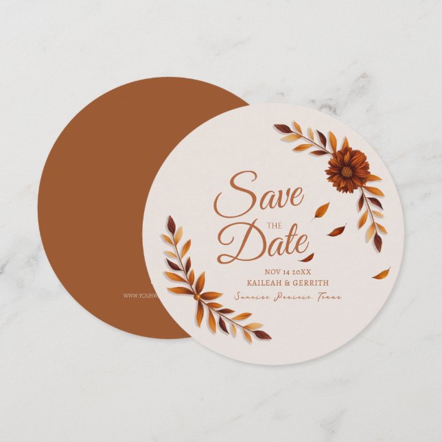 Save The Date Mariage Rustique Feuilles D'automne Brun Sienne Be (Devant / Derrière)