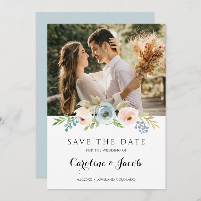 Save The Date Mariage rustique floral Bleu poussiéreux et rose b (Devant / Derrière)