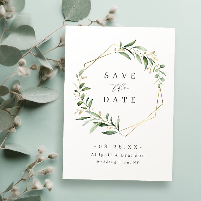 Save The Date Mariage rustique géométrique à la verdure moderne  (Modern Greenery Gold Geometric Rustic Wedding Save The Date)
