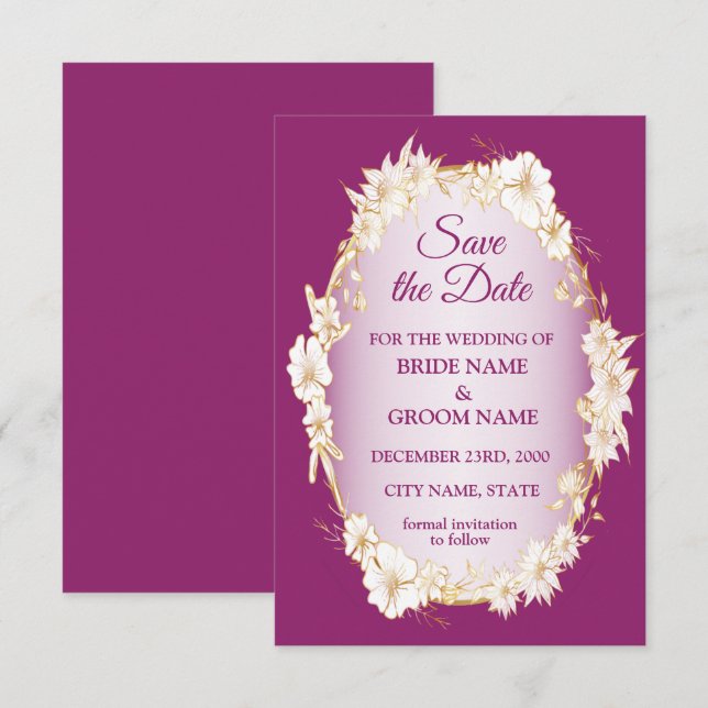 Save The Date Mariage Rustique Géométrique Rose Floral Blanc Dor (Devant / Derrière)