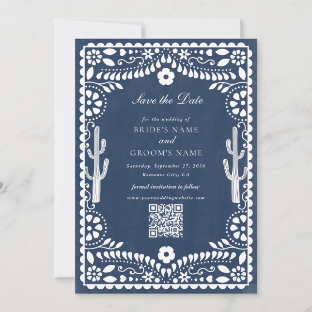 Save The Date Mariage rustique mexicain bleu Papier découpé (Devant)