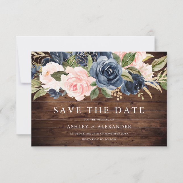 Save The Date Mariage rustique moderne bleu marine et rose pour  (Devant)