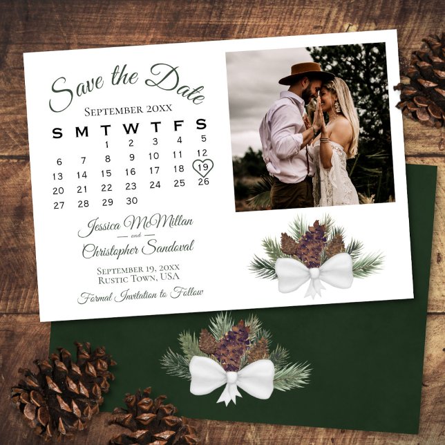 Save The Date Mariage Rustique Pinecones Calendrier & Photo (in Situ Front/Back)