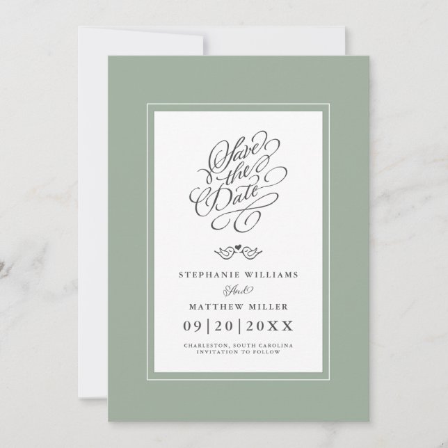 Save The Date Mariage Sage Green Calligraphie Imprimable numériq (Devant)