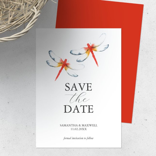 Save The Date Mariage Sauvegarder La Date Red Dragonfly (Wedding theme red dragonfly Save the date invitation Victoria Grigaliunas Florida watercolor artist)