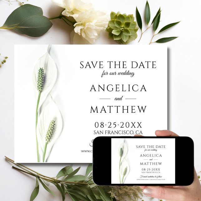 Save The Date Mariage Sauvez la date Blanc Paix Calla Lily (Wedding Save the Date White Peace Calla Lily)