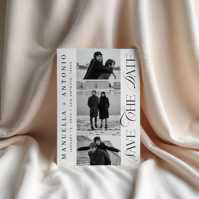 Save The Date Mariage Script Moderne 3 Photos Noir et Blanc (Créateur téléchargé)