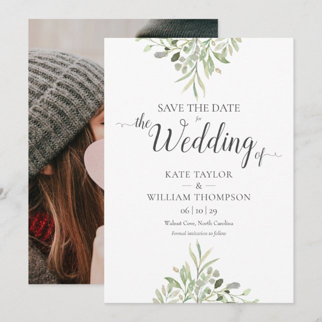 Save The Date Mariage Script Photo Aquarelle de Verdure (Devant / Derrière)