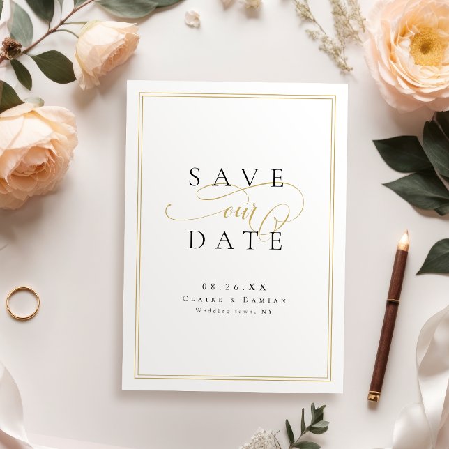Save The Date Mariage Script Romantique Élégance Simple Or Noir (Gold Black Simple Elegance Romantic Script Wedding Save The Date)