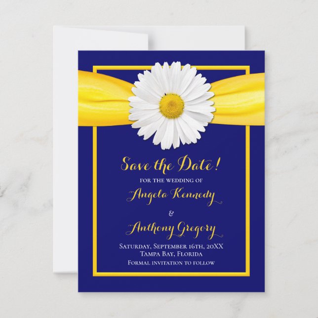 Save The Date Mariage Shasta Daisy Ruban Jaune Bleu Marine (Devant)