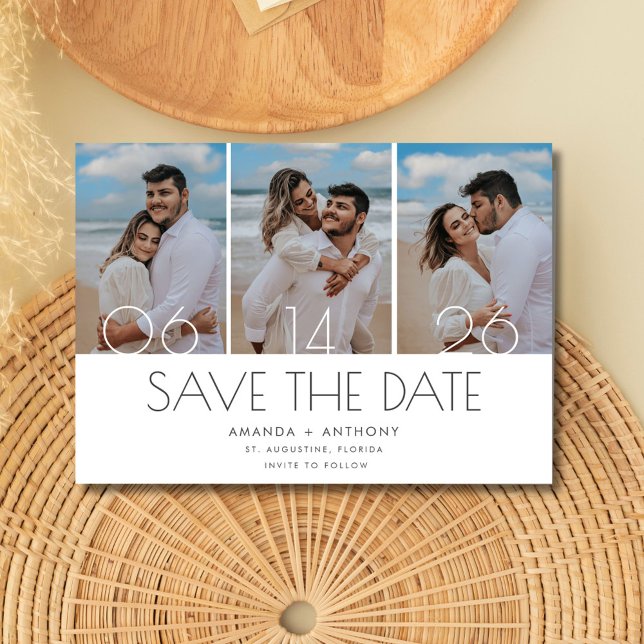 Save The Date Mariage simple à trois photos de plage (Simple Three Photo Beach Wedding Save The Date)