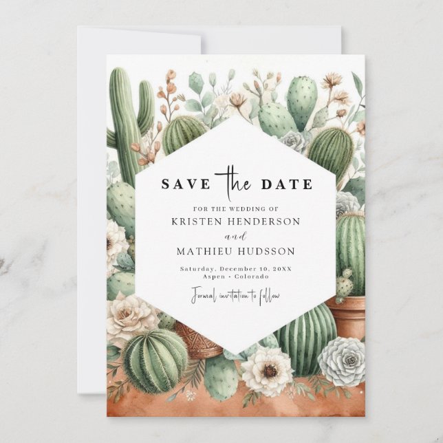 Save The Date Mariage simple chic Cactus (Devant)