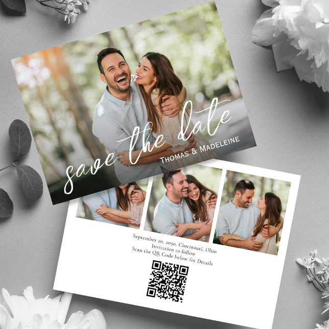 Save The Date Mariage simple Collage photo (Simple wedding save the date photo card with a scannable QR code. )