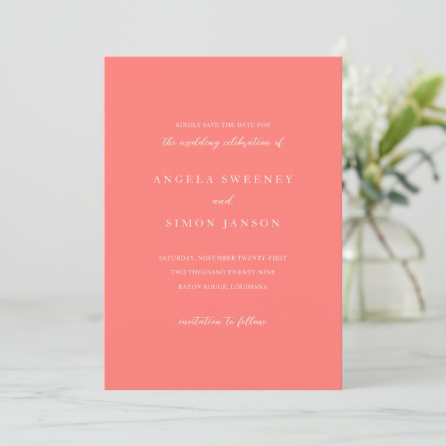 Save The Date Mariage Simple Corail Vibrant Moderne (Debout devant)