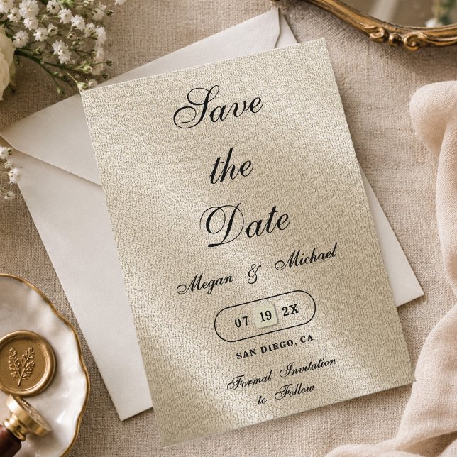 Save The Date Mariage Simple de Style de Texture de Lin Beige Iv (Créateur téléchargé)
