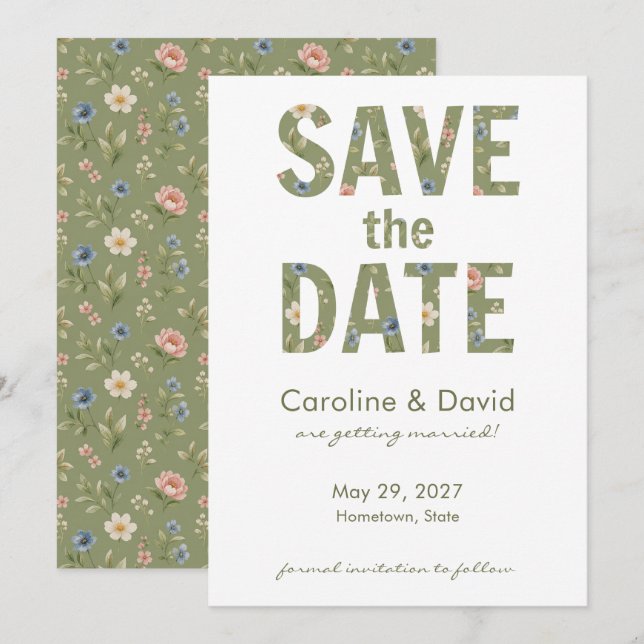 Save The Date Mariage Simple Floral Sauge Moderne (Devant / Derrière)