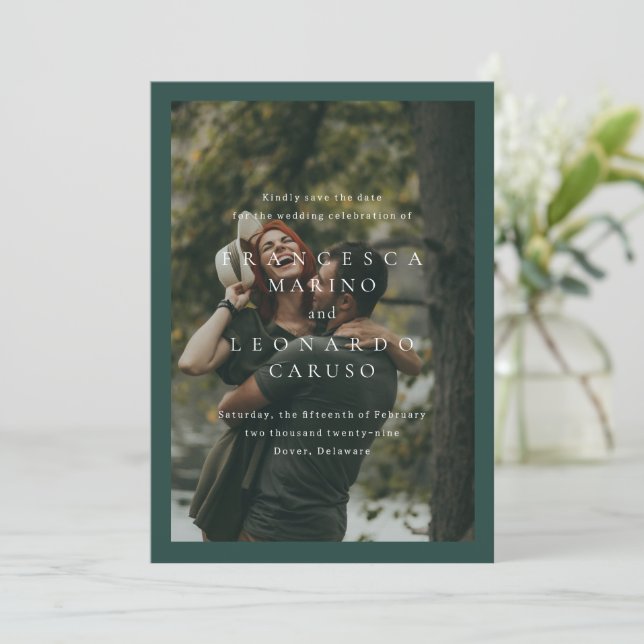 Save The Date Mariage Simple Photo Classique Vert Émeraude (Debout devant)