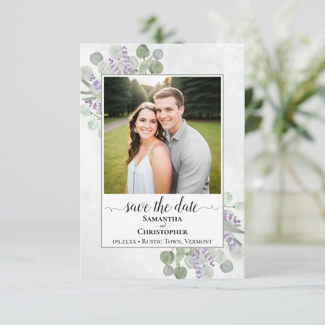 Save The Date Mariage simple photo rustique eucalyptus & lavande (Debout devant)