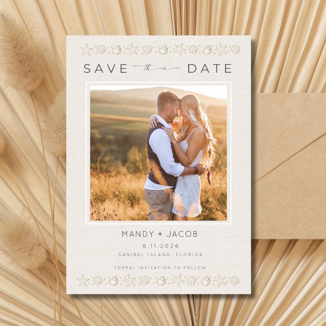 Save The Date Mariage Simple sur la Plage aux Coquillages Enregi (Simple Seashell Beach Wedding Save the Date)
