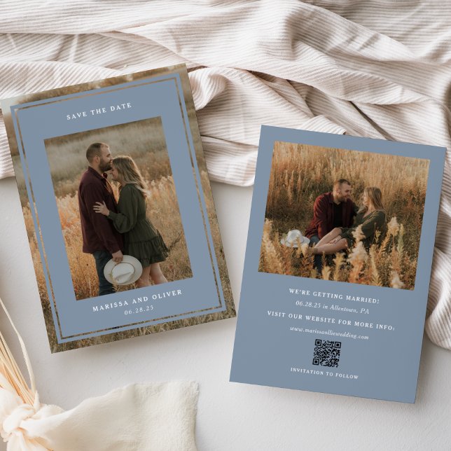 Save The Date Mariage Site Web QR Photo Minimaliste Bleu Poussiè (Créateur téléchargé)