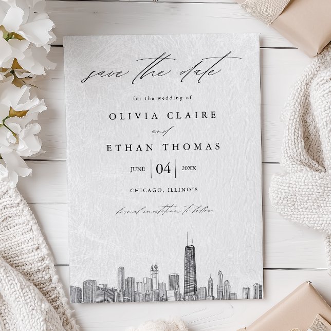 Save The Date Mariage Skyline moderne de Chicago noir et blanc (Créateur téléchargé)