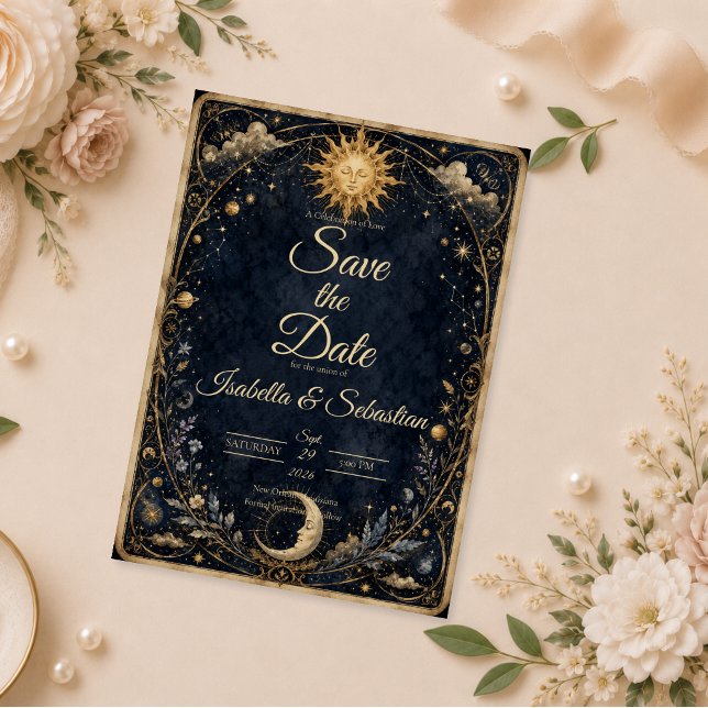 Save The Date Mariage Soleil Lune Vintage Céleste (Créateur téléchargé)