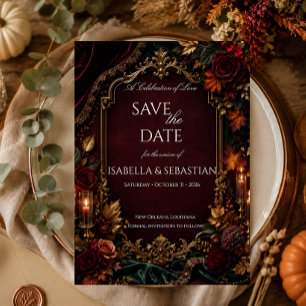 Save The Date Mariage sombre romantique Bourgogne & Or
