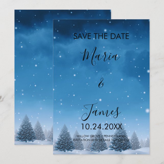 Save The Date Mariage sous la neige d'hiver (Devant / Derrière)