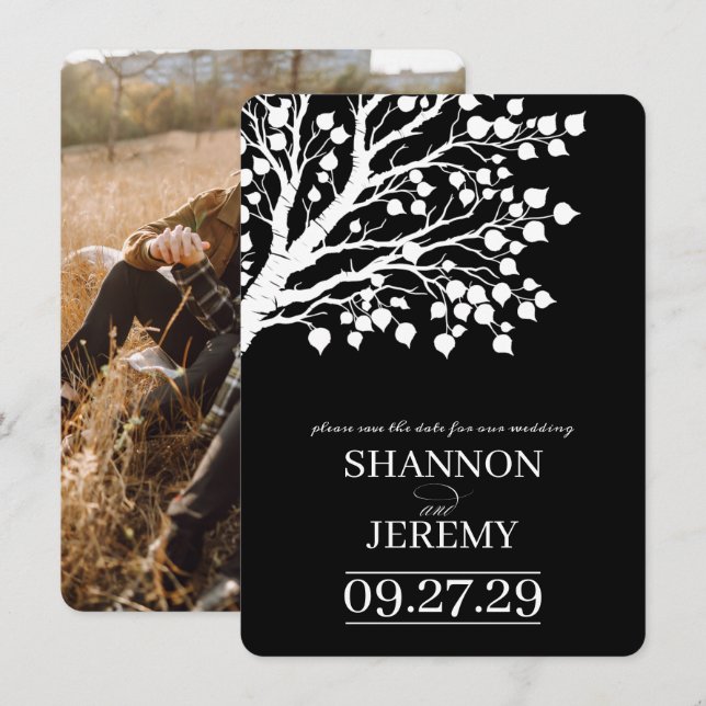 Save The Date Mariage sous l'arbre tremble noir et blanc (Devant / Derrière)