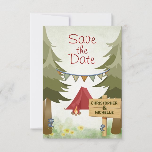 Save The Date Mariage sous tente rouge en camping forestier (Devant)