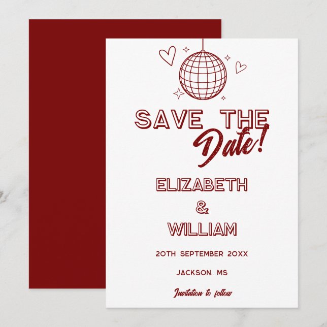 Save The Date Mariage Super moderne Red Retro Disco (Devant / Derrière)