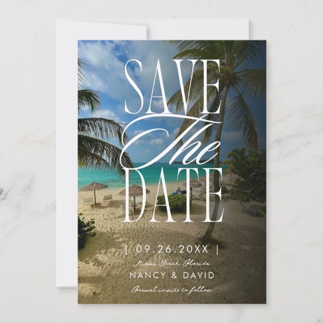 Save The Date Mariage sur la plage au palmier tropical (Devant)
