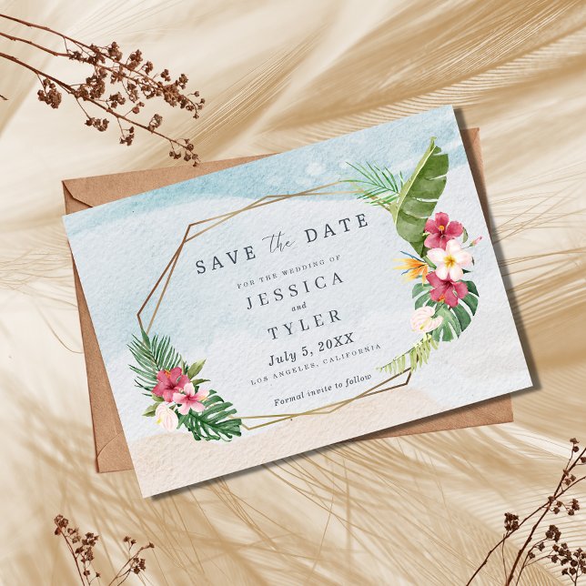 Save The Date Mariage sur la plage aux fleurs tropicales (Créateur téléchargé)