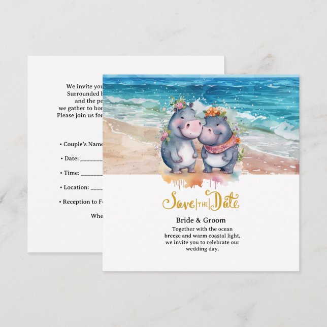 Save The Date Mariage sur la Plage avec un Couple d'Hippopotames (Devant / Derrière)