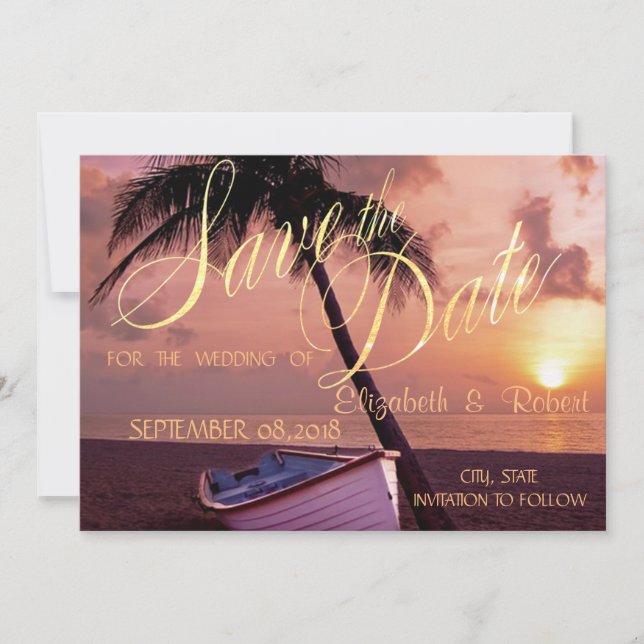 Save The Date Mariage sur la plage Palmier, Coucher de soleil, B (Devant)