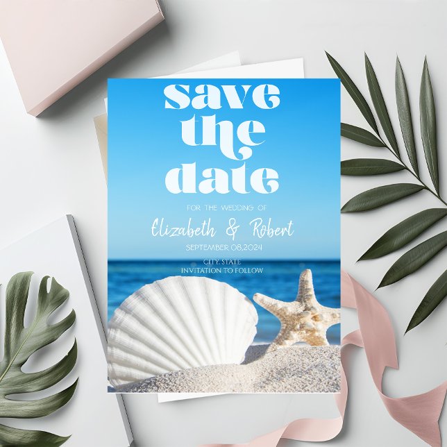 Save The Date Mariage sur la Plage, Sable, Coquillages Blancs En (Créateur téléchargé)