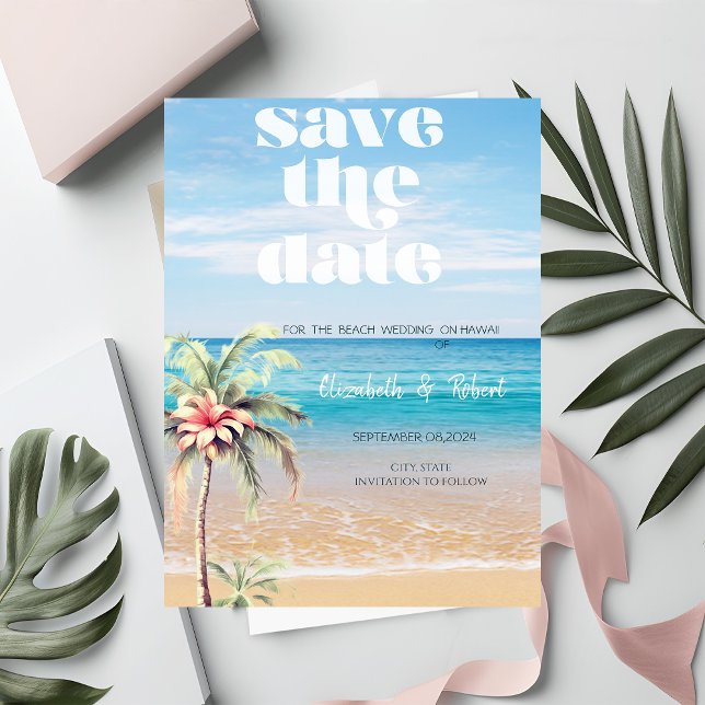 Save The Date Mariage sur la Plage, Sable, Fleur de Palmier Enre (Créateur téléchargé)