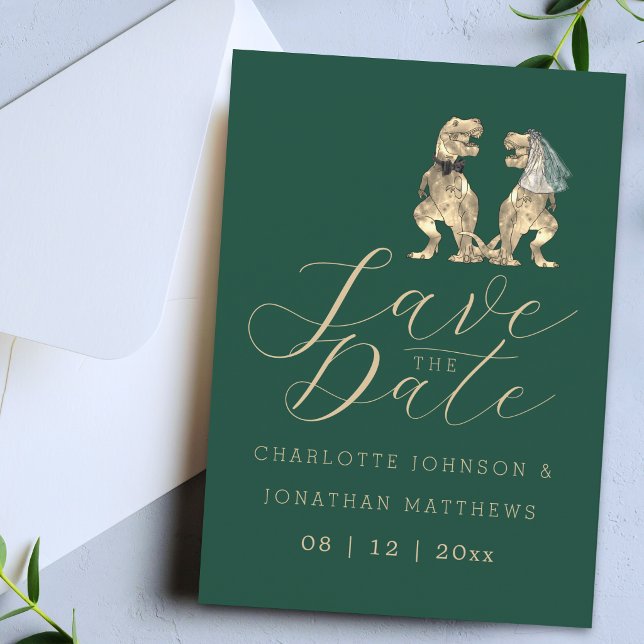 Save The Date Mariage sur le thème des dinosaures (Elegant dinosaur wedding save the date green invitation funny jurassic T-Rex dino bride and groom)