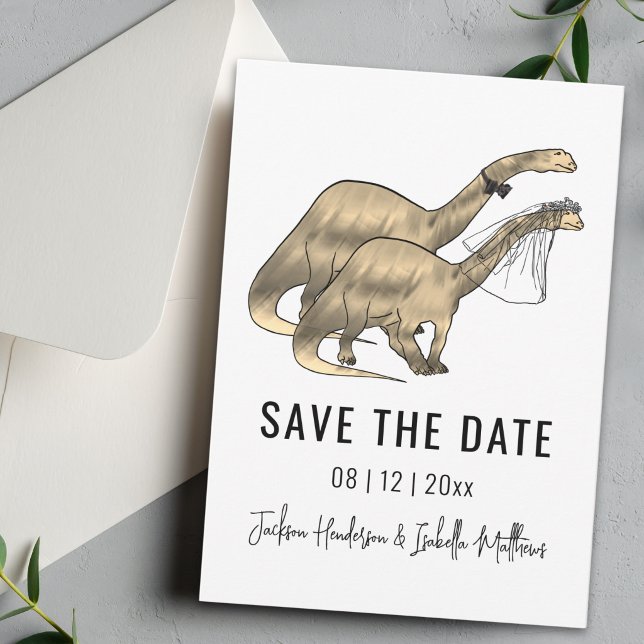 Save The Date Mariage sur le thème des dinosaures (Simple Dinosaur wedding save the date card Watercolor brontosaurus dino bride and groom)