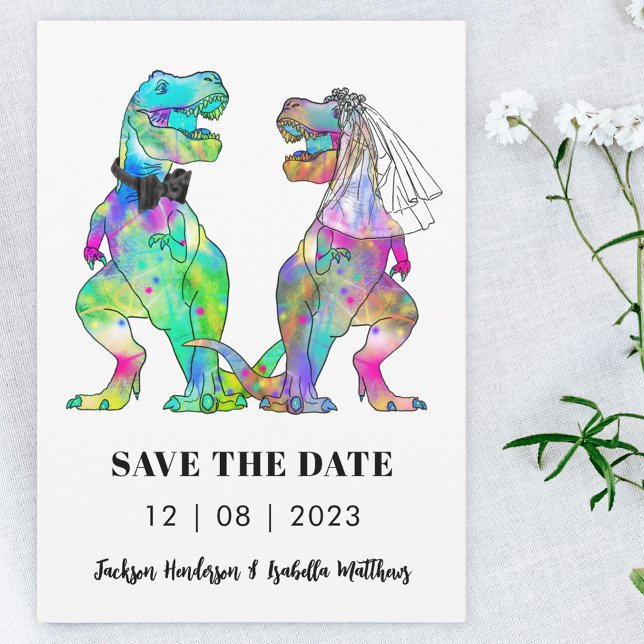 Save The Date Mariage sur le thème des dinosaures (Dinosaur bride and groom wedding save the date invitation funny colorful T-Rex )