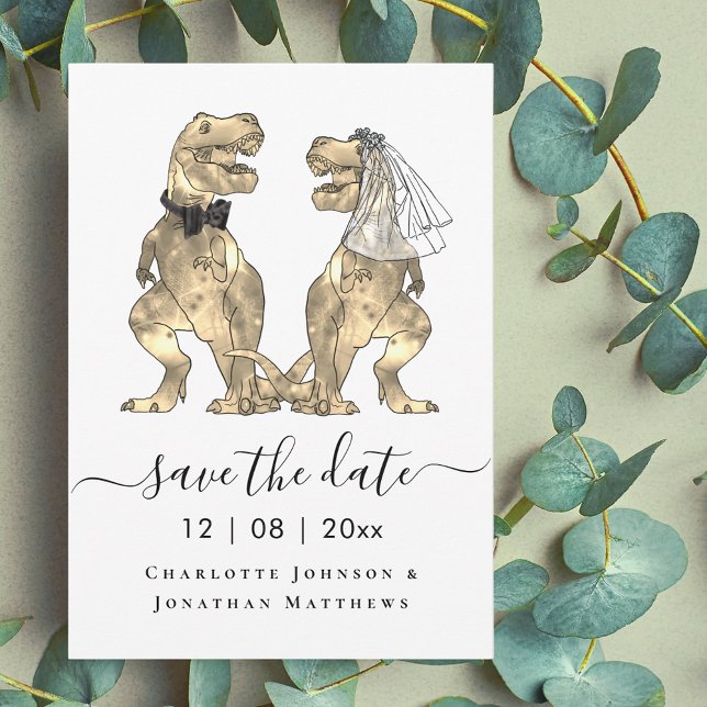 Save The Date Mariage sur le thème des dinosaures (Funny dinosaur wedding save the date T-Rex bride and groom dino elegant script)