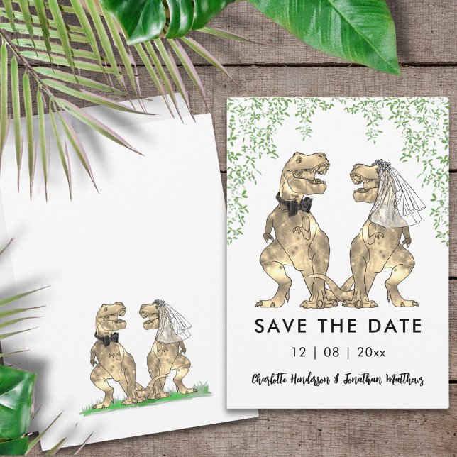 Save The Date Mariage sur le thème des dinosaures drôles (Funny dinosaur themed wedding save the date invitation with T-Rex bride and groom Jurassic foliage )