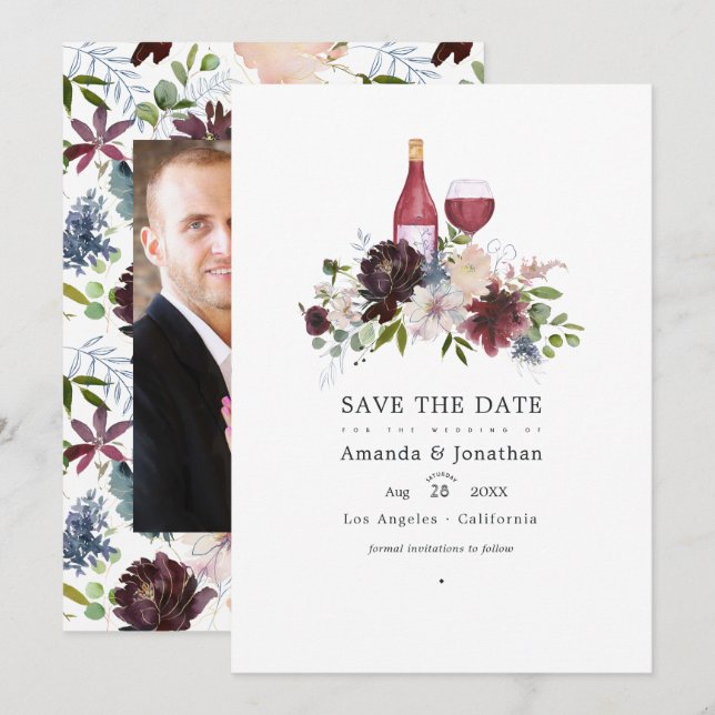 Save The Date Mariage sur le thème du vin Bourgogne et Blush (Devant / Derrière)